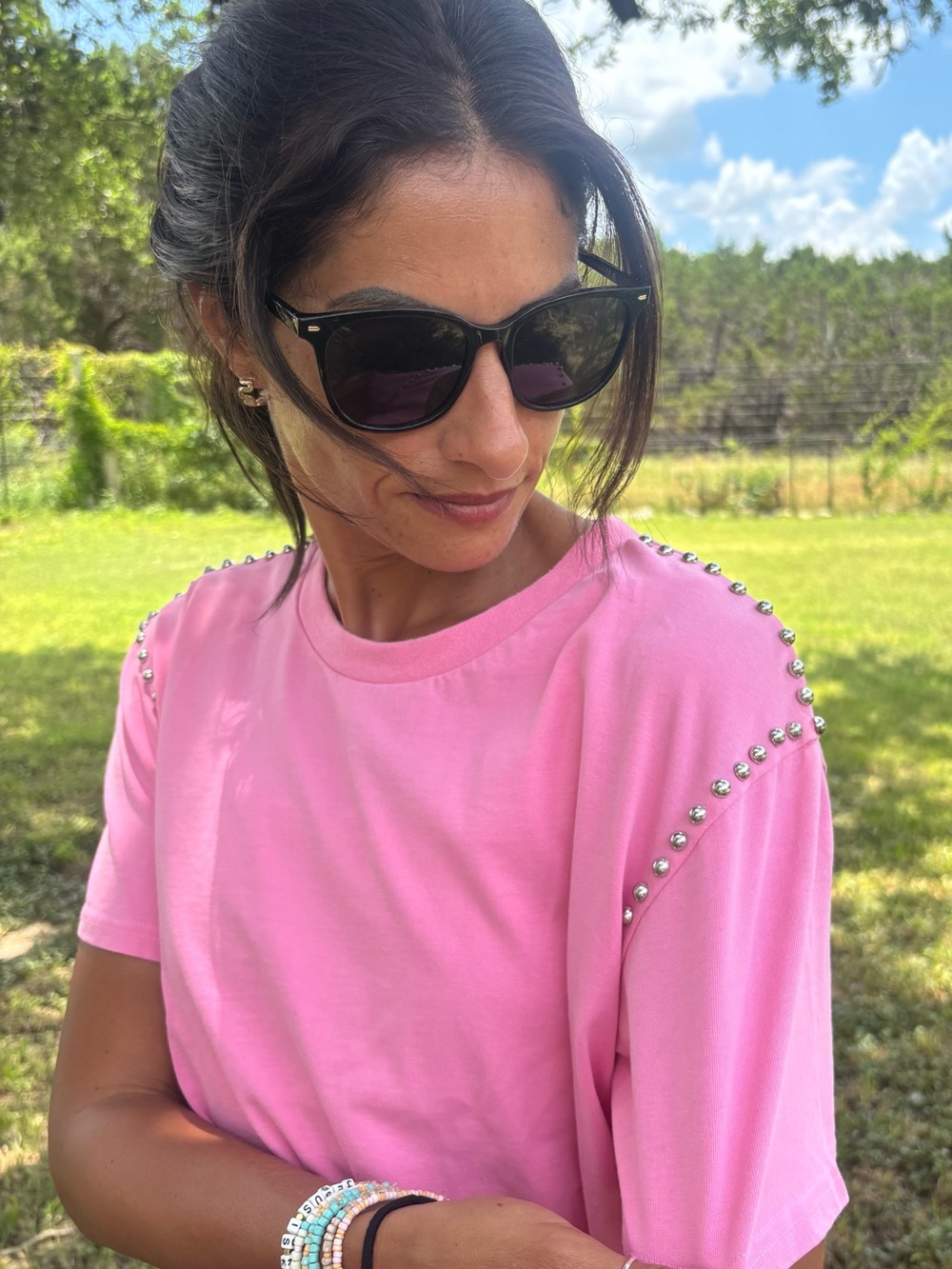 blue b Short sleeves, ruffles, studded detail,pink, cropped top - Picture 2 of 5